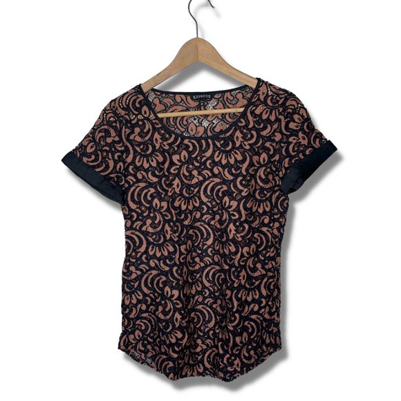 Express Tops - EXPRESS | Bronze & Black Lace Short Sleeve Blouse | Size XS